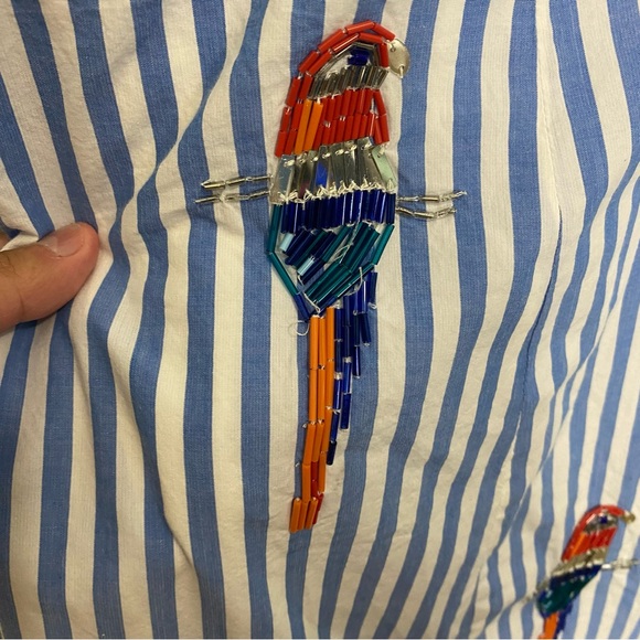 Anthropologie Maeve Tie Back A Line Maxi Dress Striped Blue Beaded Birds 22W - Picture 6 of 16